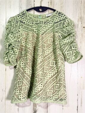 Endless Rose Sage Green Geometric Lace Puff Sleeve Top Blouse M